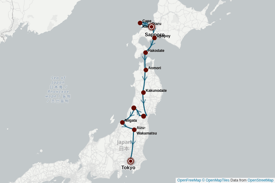 Itinerary Map image for Nordjapan Rundreise: Hokkaido & Tohoku